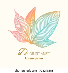 Stylized outline leaves isolated on white background.Contour leaves are bluish pink.Logo, icon, emblem, template