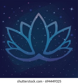 Stylized outline lotus flower logo in shades of blue and purple framed on starry night sky galactic space background Hand drawn fantasy design for tattoo, fabric cloth, poster print. Yoga studio logo.