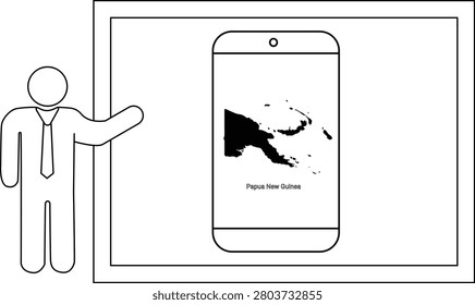 A stylized outline of a man in a suit and tie gestures towards a smartphone displaying a map of Papua New Guinea.
