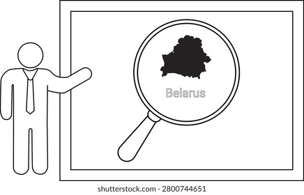 A stylized outline of a man in a tie points to a screen displaying a magnified map of Belarus.