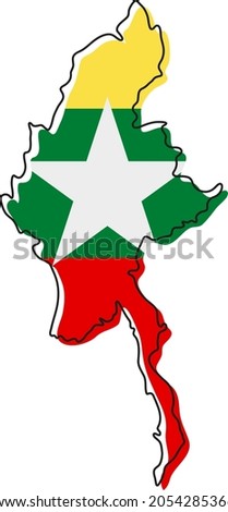 Stylized outline map of Burma with national flag icon. Flag color map of Burma vector illustration.