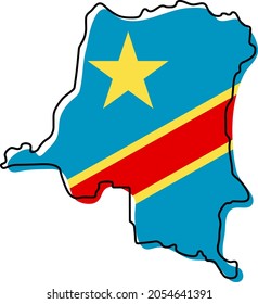 Stilvolle Umrisskarte der Demokratischen Republik Kongo mit nationalem Flaggensymbol. Farbkarte der Flagge der Demokratischen Republik Kongo, Vektorgrafik.