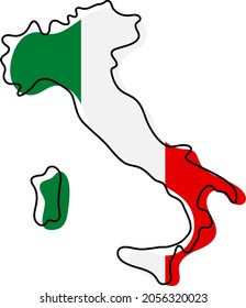 Stylized outline map of Italy with national flag icon. Flag color map of Italy vector illustration.