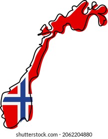 Stylized outline map of Norway with national flag icon. Flag color map of Norway vector illustration.