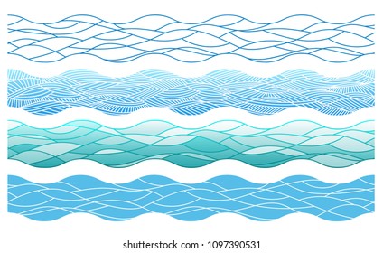 stylized outline ocean waves, vector elements for the endless borders, 4 different types based on the one scheme