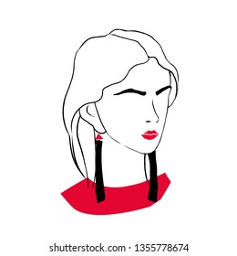 Stylized outline portrait of elegant fashionable young lady. Drawing of stylish woman with red lips, trendy tassel earrings and loose long hair isolated on white background. Vector illustration.