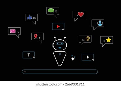 Stylized outline of a robot surrounded by glowing icons representing social media, communication, and digital interaction, set against a dark background.