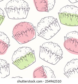 Stylized outline seamless pattern with muffins in vector