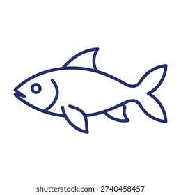Stylized outline of a single fish with a streamlined body dorsal fin pectoral fins and tail fin depicted in a minimalist dark blue line art style on a clean white background representing aquatic life