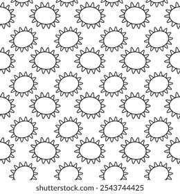 Stylized Outline sun with rays Black and white Seamless pattern. Sunny weather backdrop or wallpaper