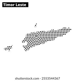 A stylized outline of Timor Leste shows its unique shape with dotted details, emphasizing its geographical contours and features.