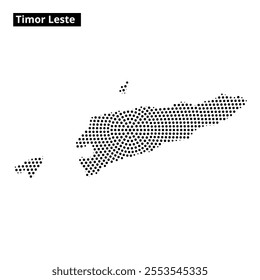 A stylized outline of Timor Leste shows its unique shape with dotted details, emphasizing its geographical contours and features.