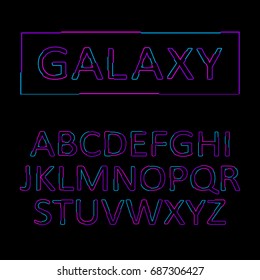 Stylized outline vector font design. Isolated modern english alphabet letters. Creative beautiful colorful latin font on black background. Stylized letters vector illustration. Typography. Typographic