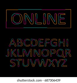 Stylized outline vector font design. Isolated modern english alphabet letters. Creative beautiful colorful latin font on black background. Stylized letters vector illustration. Typography. Typographic