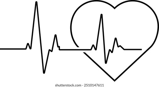 Stylized outline vector illustration of heartbeat line and big heart in black color