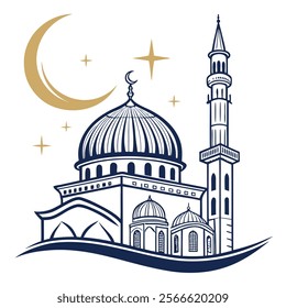 A stylized, outlined illustration of a mosque at night, featuring a large dome, minaret, and crescent moon