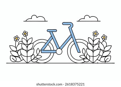 A stylized outlined light blue bicycle is featured, surrounded by black-and-white foliage and flowers, set against a clean transparent backdrop with two simple clouds.