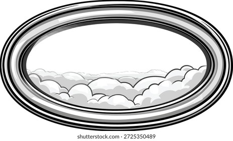 Un marco ovalado estilizado rodea un paisaje de nubes, renderizado en tonos de gris y blanco