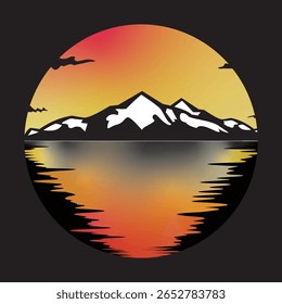 A stylized oval graphic of a mountain range at sunset, with a mirrored reflection in the water below. Vibrant colors and a bold silhouette style.