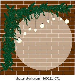 Stylized oval photo frame. Invitation card template. Enter your text. Red brick wall with an arch of green plants and pendant lights. Isolated vector illustration.