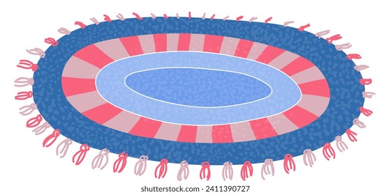 Stylized oval sports stadium with blue track and red stripes. Surrounded by multiple generic people figures. Athletic event vector illustration.
