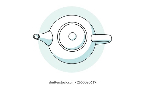 A stylized overhead view of a classic ceramic teapot showing its spout handle and lid detail