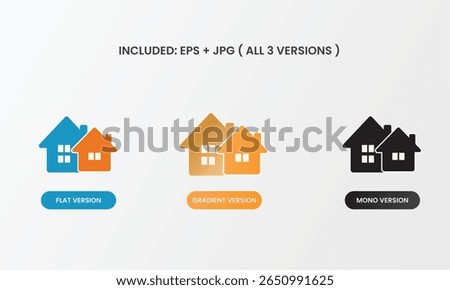 Stylized overlapping homes icon, ideal for duplex, multi-unit property, co-living, or apartment listings. Presented in three modern color variations.