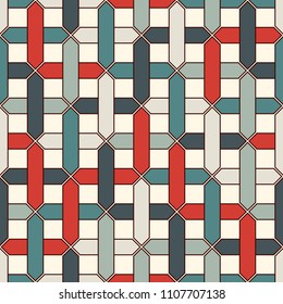Stylized overlapping pipelines background. Seamless modern abstract surface pattern with repeated overlay geometric figures. Maze, labyrinth motif. Contemporary wicker ornament. Vector digital paper