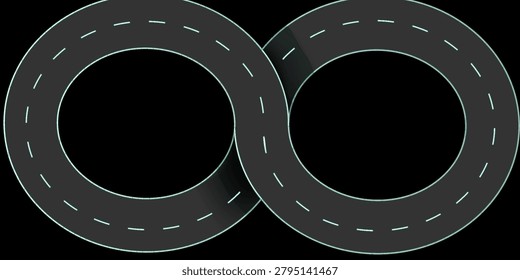 A stylized overlapping road forming an infinity loop on a dark background, evoking concepts of endless travel, continuous movement, transportation networks, and abstract motion in a minimalist graphic.