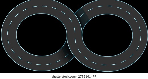 A stylized overlapping road forming an infinity loop on a dark background, evoking concepts of endless travel, continuous movement, transportation networks, and abstract motion in a minimalist graphic.