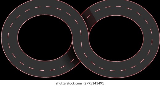 A stylized overlapping road forming an infinity loop on a dark background, evoking concepts of endless travel, continuous movement, transportation networks, and abstract motion in a minimalist graphic.