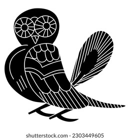 Stylized owl bird. Ancient Greek animal design. Vase painting style. Black and white negative silhouette.