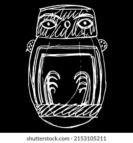 Stylized owl bird in egg shape. Ancient Peruvian animal design. Native American art. Nazca pottery. Hand drawn linear doodle rough sketch. White silhouette on black background.