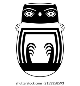 Stylized owl bird in egg shape. Ancient Peruvian animal design. Native American art. Nazca pottery. Black and white silhouette.