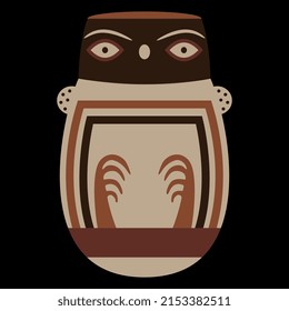 Stylized owl bird in egg shape. Ancient Peruvian animal design. Native American art. Nazca pottery. On black background.