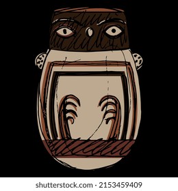 Stylized owl bird in egg shape. Ancient Peruvian animal design. Native American art. Nazca pottery. Hand drawn colorful rough sketch. On black background.