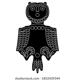 Stylized owl bird. Permian animal style. Tribal totem art from ancient Siberia. Black and white silhouette.