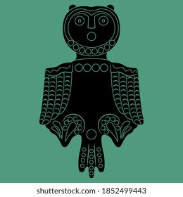 Stylized owl bird. Permian animal style. Tribal totem art from ancient Siberia. Monochrome black and green silhouette.