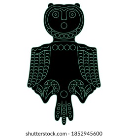 Stylized owl bird. Permian animal style. Tribal totem art from ancient Siberia. Monochrome black and green silhouette.