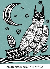 Stylized owl. A bird sitting on a branch. Owl sitting on a tree at night. Decorative. Black and white drawing by hand. Line art. Tattoo.