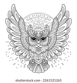 Stylized owl close up. Hand drawn sketch black contour vector illustration. For adult antistress coloring page, print, design, decor, T-shirt, emblem, logo or tattoo ornate design elements.