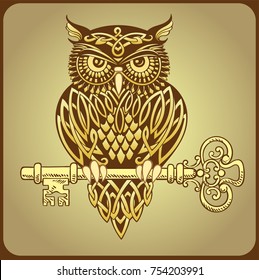 Stylized owl covered in Celtic patterns sits on an old ornate key