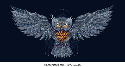 Stylized owl in ethnic vector dark background