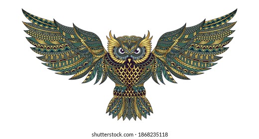Stylized owl in ethnic vector white background