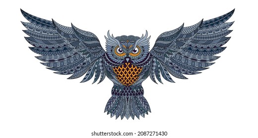 Stylized owl in ethnic vector white background