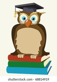 Stylized owl with eye glasses sitting on top of books