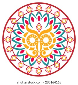 Stylized owl hand drawn hamsa with ethnic round ornaments