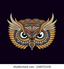 Stylized owl head in ethnic vector black background