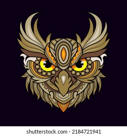 Stylized owl head in ethnic vector black background can be used for t-shirt, wall and etc