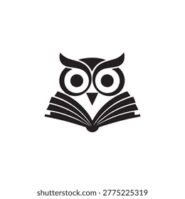 A stylized owl logo reading an open book, symbolizing wisdom and education, perfect for academic or literary marketing materials.